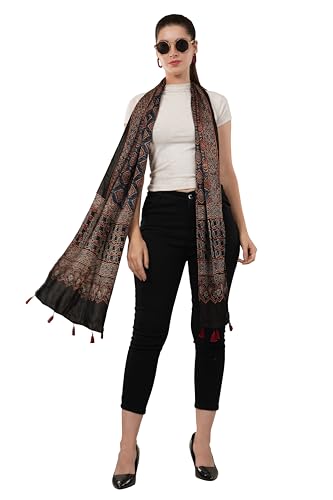 Exclusive hand block-printed, natural dyed Modal silk Ajrakh stole,Scarf, Warm Stole, Indian handmade silk stole/scarf with tassels(Design-9)3