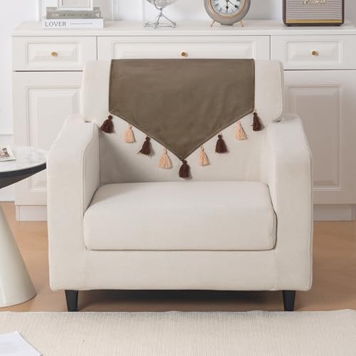 Image of HOKIPO Premium Holland Velvet Sofa Backrest Cover with Tassels - 'TasselTone Series', Coffee Brown (IN-1103-CF)