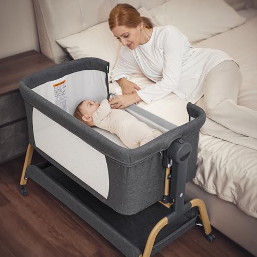 ANGELBLISS 3 in 1 Baby Bassinet, Rocking Bassinets Bedside Sleeper with Comfy Mattress and Wheels, 6 Height Adjustable Easy Folding Portable Bedside Crib for Newborn Infant (Dark Grey) - Image 3