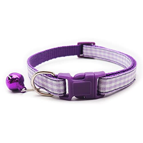 Small Dog Puppy Pet Collar Check Checkered Design with Bell Nylon Adjustable Size 19-32cm Purple - Image 2