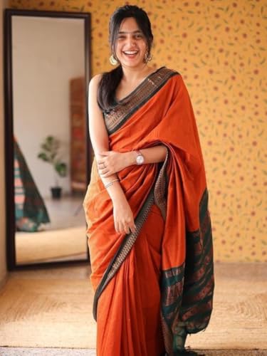 Image of Pure Kalyani Cotton Saree | Zari Border & Blouse Piece - Lata Gadwal Design | Traditional Saree