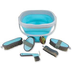 Collapsible Grooming Kit 10 Liter Bucket and 5 Grooming Tools by Southwestern Equine (Turquoise)