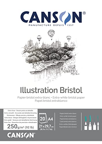 CANSON Illustration Bristol - Bloc 20 feuilles de papier bristol satiné A4 - 250g/m² - Extra-blanc