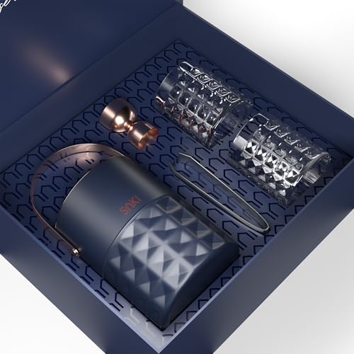 Image of SAKI Square Hammer Ice Bucket and Whiskey Glass Set | Includes 2 Square Hammer Whiskey Glasses | Stainless Steel Ice Bucket |1 Jigger | 1 Tong | Perfect for Home Parties, Gifting Solution