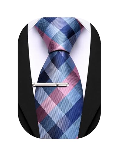Image of Barry.Wang Plaid Ties Mens Silk Necktie and Tie Clip Checkered Tie for Wedding Party Business Formal
