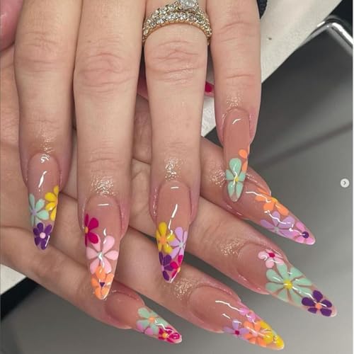 CTTHNBD Flower Press on Nails - Long Almond Fake Nails with Color...