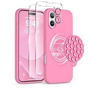 COFFKER Magnetic for iPhone 16 Case, Compatible with Magsafe, Suction Cup Phone Mount, [2 Screen Protectors][Camera Lens Protector] Silicone Shockproof Protective Slim Phone Cover 6.1″, Tender Pink