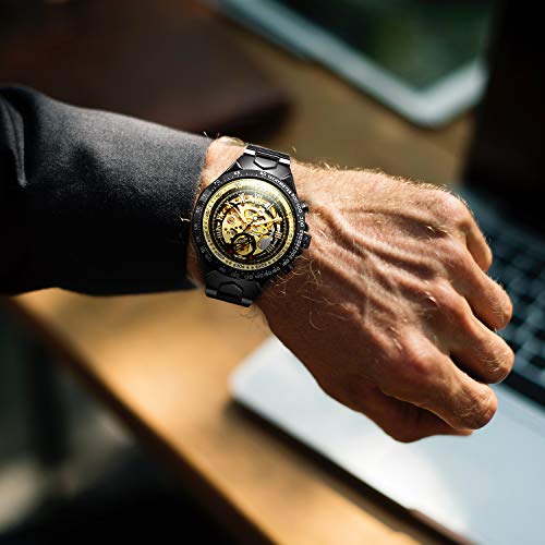 IK Colouring Bestn Men's Self-Wind Mechanical Wrist Watch Skeleton Design Stainless Steel Band Roman Numeral All black-1