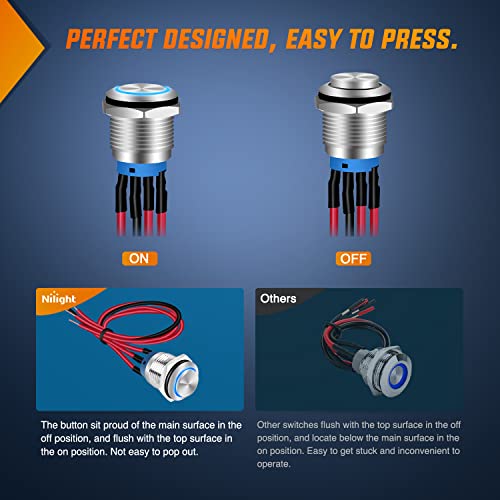 Image of Nilight 16mm 12V Latching Push Button Switch Pre-Wired LED 5 Pack Kit