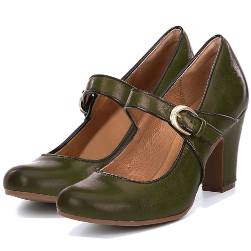 Image of SHODENSE Women Vintage Chunky High Heel Mary Jane Shoes Round Closed Toe Ankle Strap Dress Sandals 3 inch Block Heels Mary Jane Lolita Pumps Two-Toned Patchwork Buckle Office Lady Wedding Retro 4-11 M US