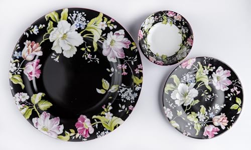 Image of GOLDEN QUEEN'S Handcrafted 12 Pieces Dinner Set | 4 Dinner Plates, 4 Small Bowls & 4 Snack Plates | Perfect for Hosting Guests and Daily Meals - Garden Splendor Black