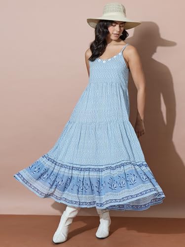 Image of Varanga Women Blue Striped Flowy Dress with Traditional Block Print Inspired Border Accents