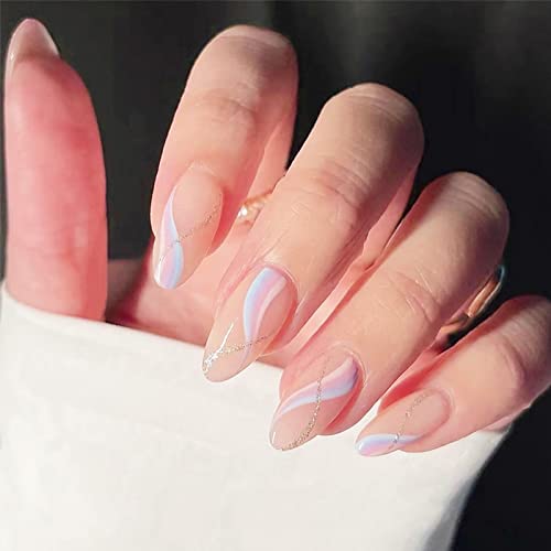 Press on Nails, 24 Pcs Medium Length Artificial Almond False Nails, Simple Colorful Wavy Lines Design Fake Nails, Glossy Acrylic Nails Stick on Nails for Women and Girls