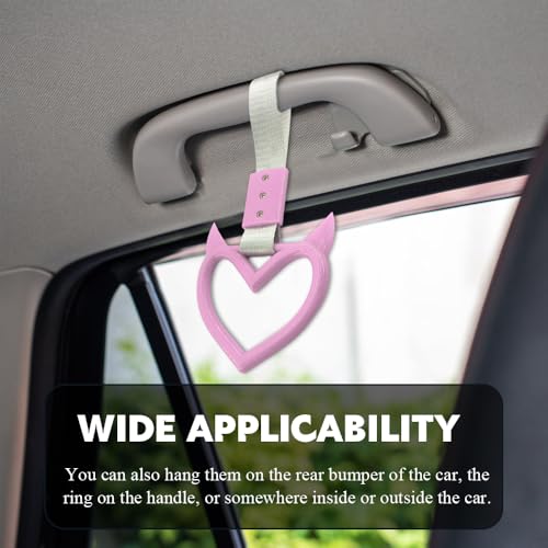 Image of 2PCS Heart shaped Car Handle Straps, Heart Car Accessories, Ring Hearts Shaped Cars Hand Strap Drift Charm, Universal Handle Keychains Accessory Suitable for Cars Bus (Pink+silver)