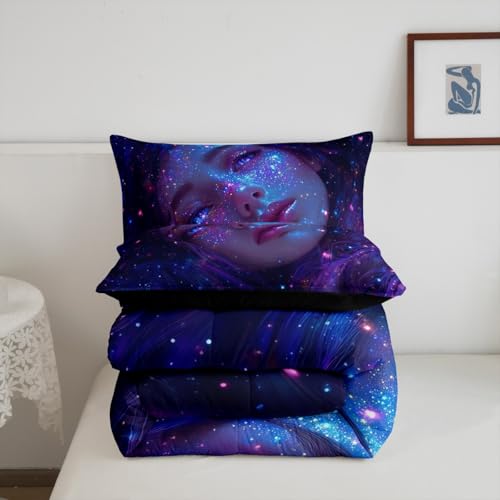 Image of Erosebridal 3D Japanese Girl Comforter Set with Glitter Stars Decorations Galaxy Bedding Full Size 3 Pieces Anime Decor Down Comforter, Fashion Anime Gifts for Girls Duvet Set with 2 Pillowcases
