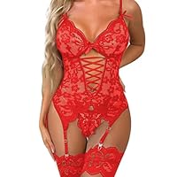 AUYAO Lenceria Mujer Sexy, Conjunto Sexy Lencería con Ligueros y Tanga, Lencería Sexy y Atrevida Ropa Interior Ropa Dormir Encaje Transparente para Body Fiesta Navidad Valentín Luna de Miel, Rojo-L