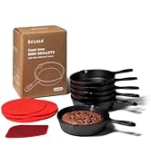 KUHA Mini Cast Iron Skillets 4' (Pack of 6) - Black Non Stick Frying Pans with 6 Small Silicone T...