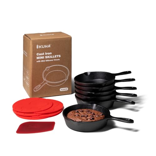 KUHA Small Cast Iron Skillet Set | Pre-Seasoned Mini Cast Iron Skillets for Cookies, Eggs & Desserts | For Baking & Serving | 6 Silicone Trivets & Scraper Included | 4', Set of 6