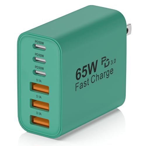 Image of 65W USB C Charger Block,6-Port Multi Device Fast Charger PD QC Wall Adapter | GaN technology saves space and reduces heat,ideal for home,office,travel,wide compatibility for iphone and USBC devices(Green