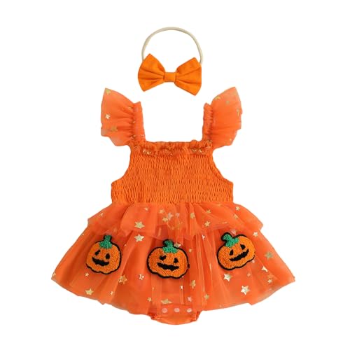Newborn Baby Girl Halloween Outfit Smocked Pumpkin Embroidery Sequin Star Tulle Tutu Romper Dress Halloween Clothes