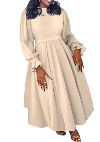 SHINFY Women Fall Plus Size Maxi Dress Casual Long Sleeve A Line Ruffle Pleated Elegant Long Dresses Wedding Cocktail