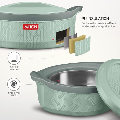 Image of MILTON Evoke 1500 PU Insulated Inner Stainless Steel Casserole, 1240 ml, Light Green, BPA Free, Food Grade, Hot and Cold, Easy to Carry, Easy to Store, Chapati, Roti, Curd Maker