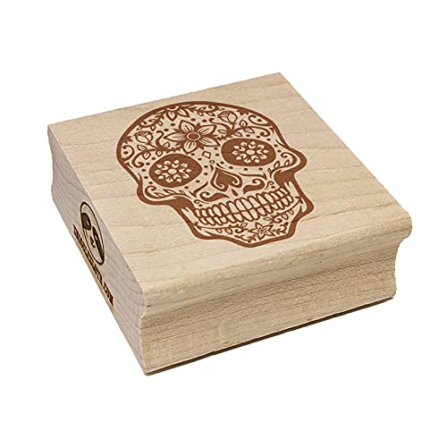 Dia De Los Muertos Mexican Sugar Skull with Flowers Day of The Dead Square Rubber Stamp for Stamping Crafting - 1.25in Small