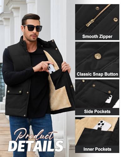 Lonya Weste Herren Winter Wasserabweisend Steppweste Leicht Ärmellose Jacke Fleeceweste Stehkragen Thermoweste Wärme Arbeitsweste Bodywarmer Vest Outdoor mit Taschen, Schwarz, L
