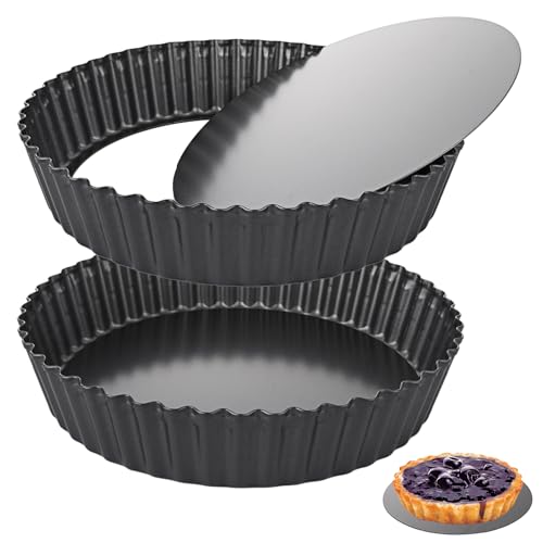 2Pcs Deep Quiche Tins with Loose Base, 26cm 10" Non Stick Tart Tins Fluted Flan Tin with Loose Bottom, Carbon Steel 5.5cm Deep Pie Pan Quiche Dish for Baking, Black