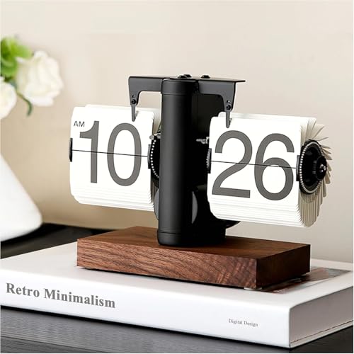 FOSA Flip Desk Clock, Retro Vintage Flip Desk Table Clock, Digital Sided Large Numbers Mechanical Flip Clock Wood Base for Living Room, Study Room and Office（Black）