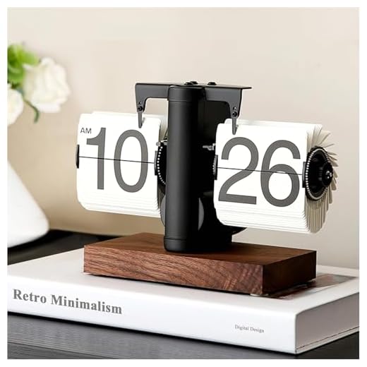 Flip Desk Clock, Retro Vintage Flip Desk Table Clock, Digital Flip Clock 12h Single Sided Large Numbers Automatic Retro Mechanical Flip Clock Wood Base for Living Room (Black