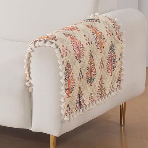 Image of HOKIPO Royal Kalamkari Quilted Sofa Armrest Cover - 1 Pair | 'Tassel Twigs' Series (IN-987-T2*2)