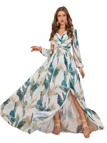 Image of TOLEEN Summer Casual Dresses for Women 2024 Spring Fashion Boho V Neck Long Sleeve Ruffle Floral Print Elegant Maxi Dress