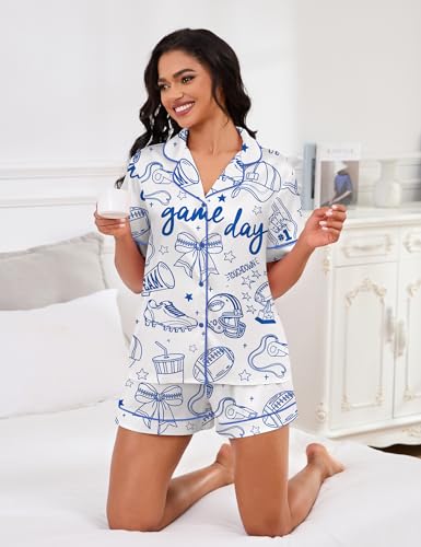 Image of SHESHOW Pajamas for Women Set Satin Button Down Short Sleeve Top and Shorts Pjs Sets Sport Ball Print Sleepwear XS-XXL