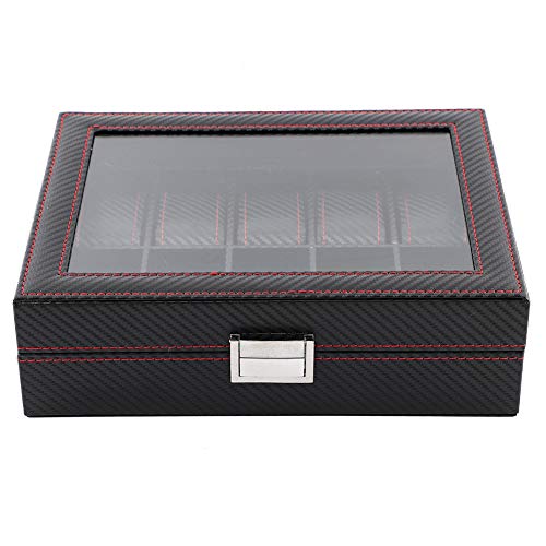 Greensen Watch Display Box, 10 Slot Watch Storage Case PU Leather Watch Organizer Box for Men Women Display Organizer Box with Glass Cover for Home Office Shop, Black