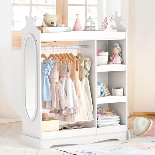 Curipeer Kids Dress up Storage with Mirror, Kids Wardrobe with 3 Hooks, Kids Closet for Girls Boys, Open Hanging Armoire Costume Organizer for Bedroom, Preschool, Classroom, White