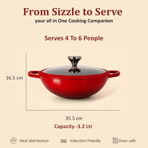 Image of Vinod Freya Cast Iron Deep Kadai with Glass Lid, 26 cm 3.2 L | TREON Technology Enamel Kadhai for Frying, Sabzi & Cooking | No Seasoning Required | 100% Pure & Toxin-Free | Induction & Gas Compatible