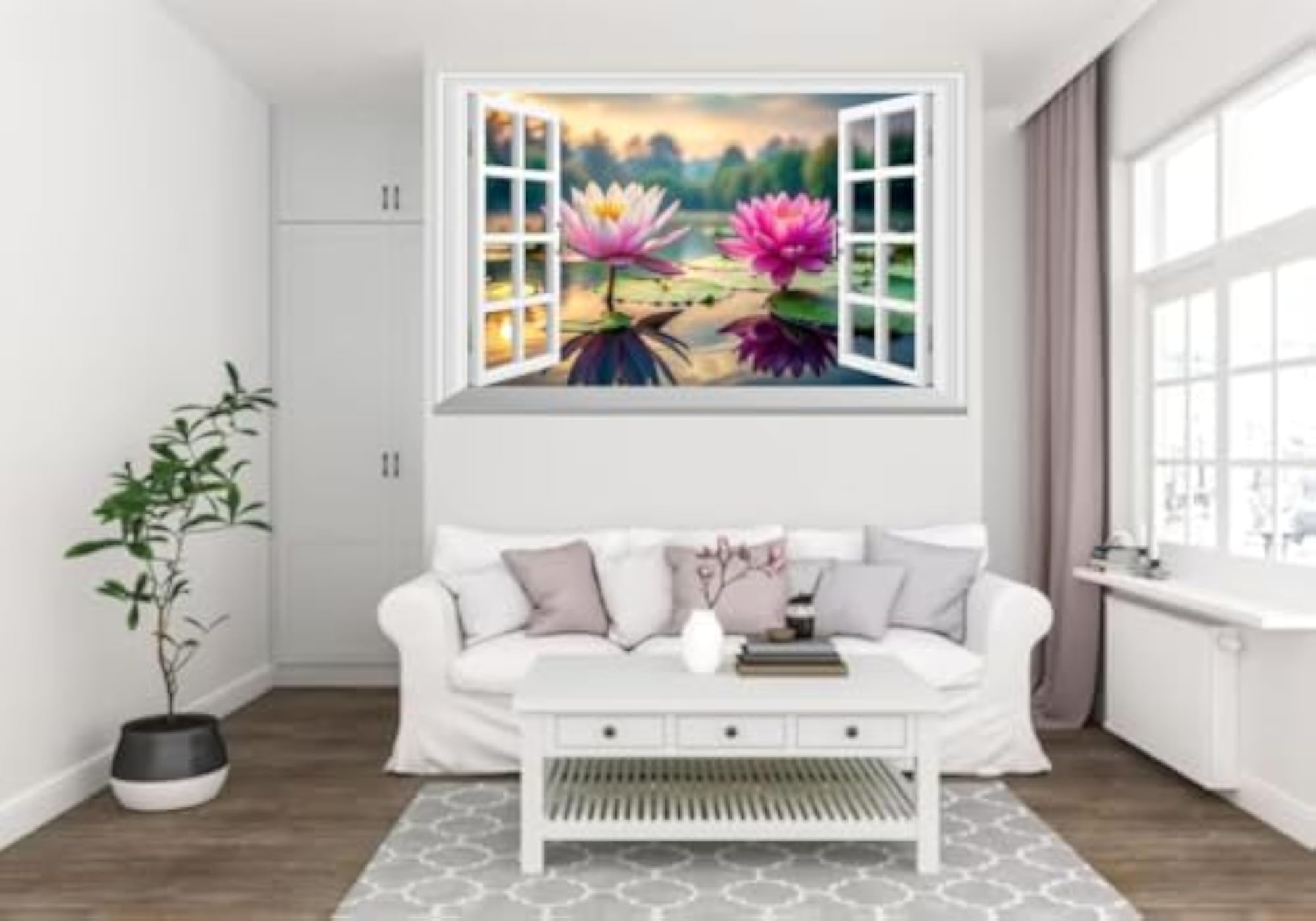 Window Sticker with Pink Lotus Flowers on Pond