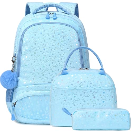 Mochila escolar para meninas, conjunto de 3 peças de mochila com lancheira, estojo de lápis para pré-escola, ensino fundamental, ensino médio, adolescentes, Estrela azul, One Size, Conjunto de mochila