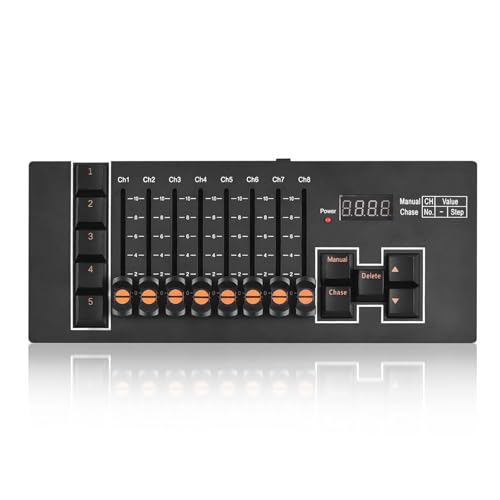 DMX Controller, 40 Kanäle Lichtsteuerungskonsole mit 8 Fadern und 5 programmierbare Modi DMX512 DJ Controller mit 5 CHASE-Effekte und 3-polige Standard-DMX-Ausgang für Bühnenbeleuchtung Live-Auftritt