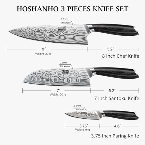 Image of HOSHANHO 3 Pieces Knife Set, Professional High Carbon Powder Steel Kitchen Knife Set, Ultra Sharp Knives Set for Kitchen with Elegant Gift Box