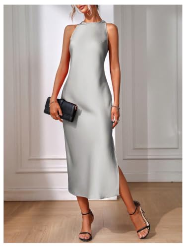 Image of Floerns Women's Elegant Crew Neck Maxi Slit Cocktail Tank Wedding Dress | Boat Neck, Side Slit, Long, Party, Cocktail, Formal, Rehearsal Dinner Guest Midi Dress