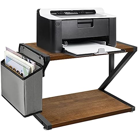 Desktop Printer Stand with Storage Bag, 2 Tier Desktop Printer Shelf, Rustic Wood Printer Table with Adjustable Anti-Skid Pads, Home Desktop Printer Stands, Under Desk Printer Shelf for Fax Machine Cover