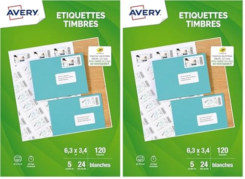 AVERY - Pochette de 120 étiquettes autocollantes pour imprimer ses timbres, Personnalisables et imprimables, Format 63,5 33,9 mm, Impression jet d'encre, (Lot...