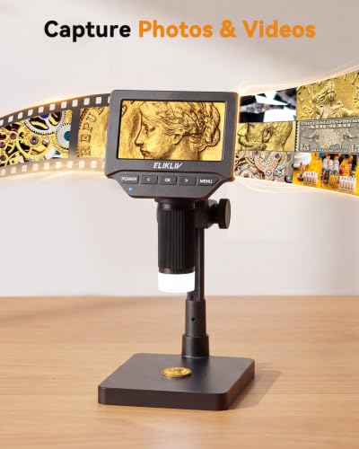 Image of Elikliv Microscope, 4.3'' Digital Coin Magnifier with Lights for Adults | IPS Screen,1080P Resolution, 8'' Stand, Built-in Battery, Great Magnification, Save Photos & Videos, Mac Windows Compatible