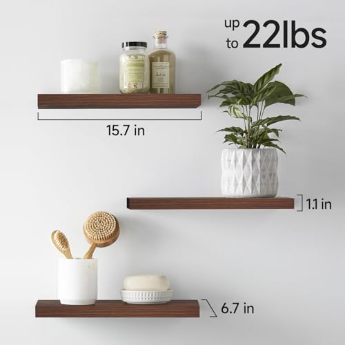 Image of BAYKA Floating Shelves for Wall, Wall Mounted Rustic Wood Shelves for Bathroom, Bedroom, Living Room, Kitchen,Small Hanging Shelf for Books /Storage /Room Decor (Walnut-Like, Set of 3, 15.7in)