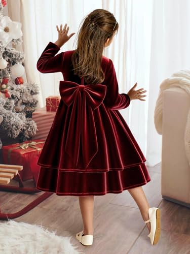 Girls Velvet Dress with Bow Fall Winter Long Sleeve Tiered Holiday Birthday Party Dresses for Girls 2-14Y4