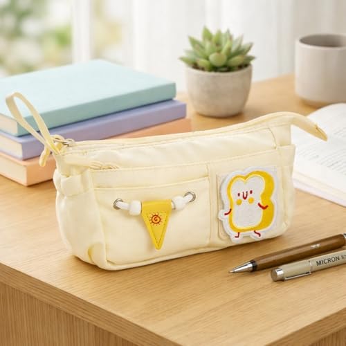 Image of Canvas School Bag Pencil Case, 3 Layer 6 Compartment Large Capacity, Aesthetic Pencil Pouch for Stationary, Cute Stationery for Kids, Pencil Case for Girls & Boys (Cream)