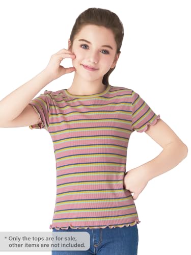 Image of Girls Striped T-Shirt Lettuce Trim Short Sleeve Top Size 6-16 | Soft stretch ribbed knit fabric, breathable blouse,summer outfit for big girls & teen, for school, party and daily activity
