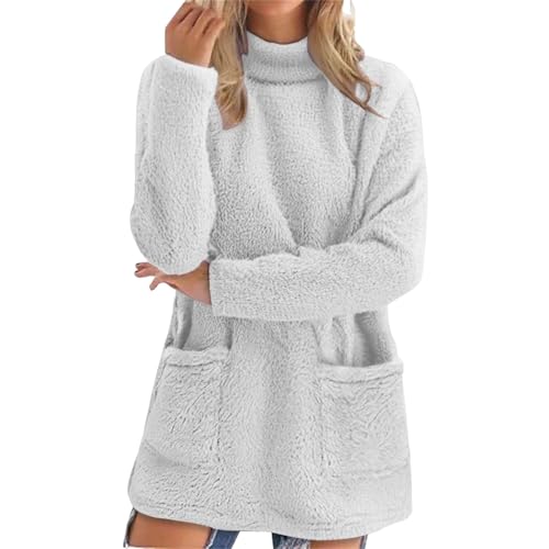 IQYU Jersey de forro polar para mujer, de peluche, manga larga, de invierno, cálido, tallas grandes, con bolsillos, chaqueta de peluche, Blanco, XXL